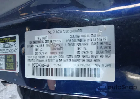 2010 Mazda Cx-9 Sport z USA, uszkodzony, nr VIN JM3TB3MA7A0236357